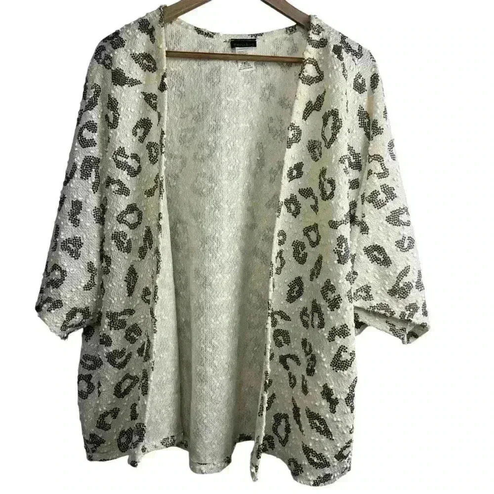 Zenobia Sequin Abstract Animal Print Black White Open Blazer Women Size 2X